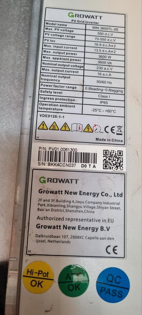 Growatt MIN 3600TL-XE PV Grid Omvormer, Hobby en Vrije tijd, Elektronica-componenten, Zo goed als nieuw, Ophalen