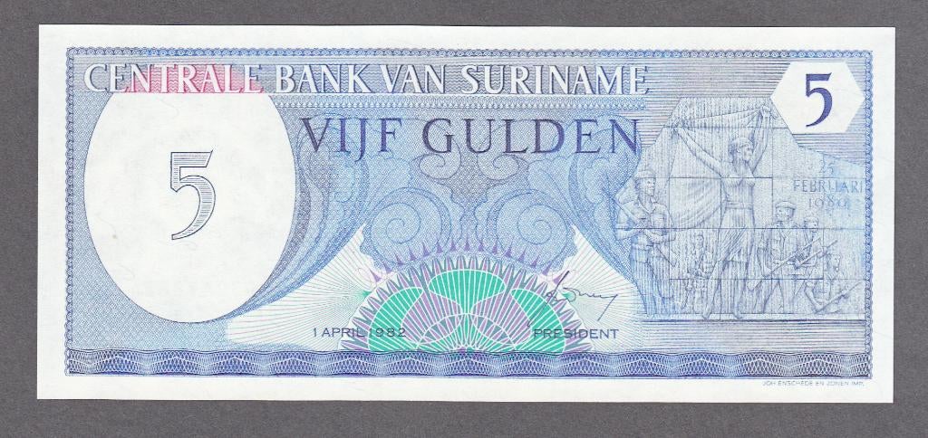 Suriname -5 gulden 1 april 1982 UNC serie 0030478824 -P125, Verzenden, Zuid-Amerika