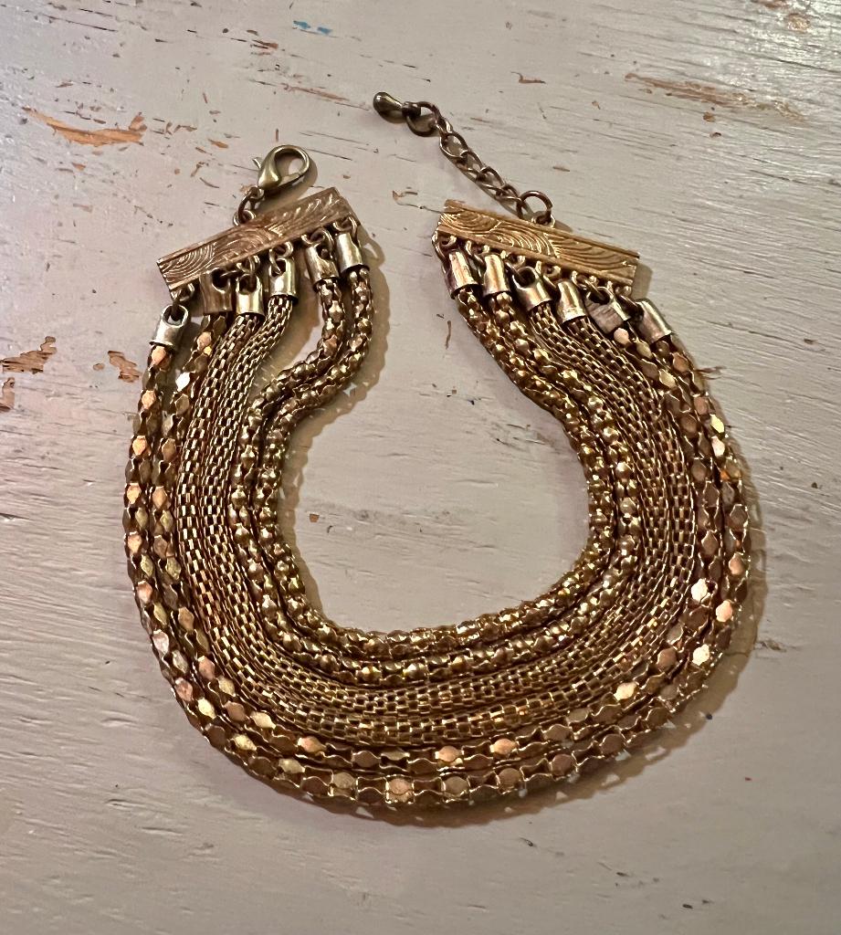 Vintage goudkleur messing buisvormige armband schakelarmband, Ophalen of Verzenden, Zo goed als nieuw, Goud, Overige materialen