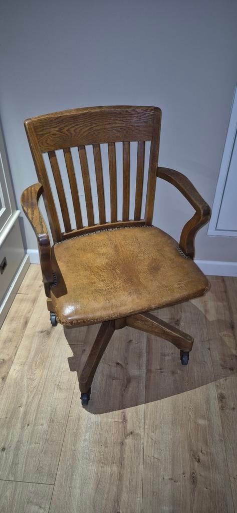Vintage Bureaustoel - Eiken met Cognac Lederen Zitting, Huis en Inrichting, Bureaustoelen, Ophalen, Gebruikt, Bruin, Bureaustoel
