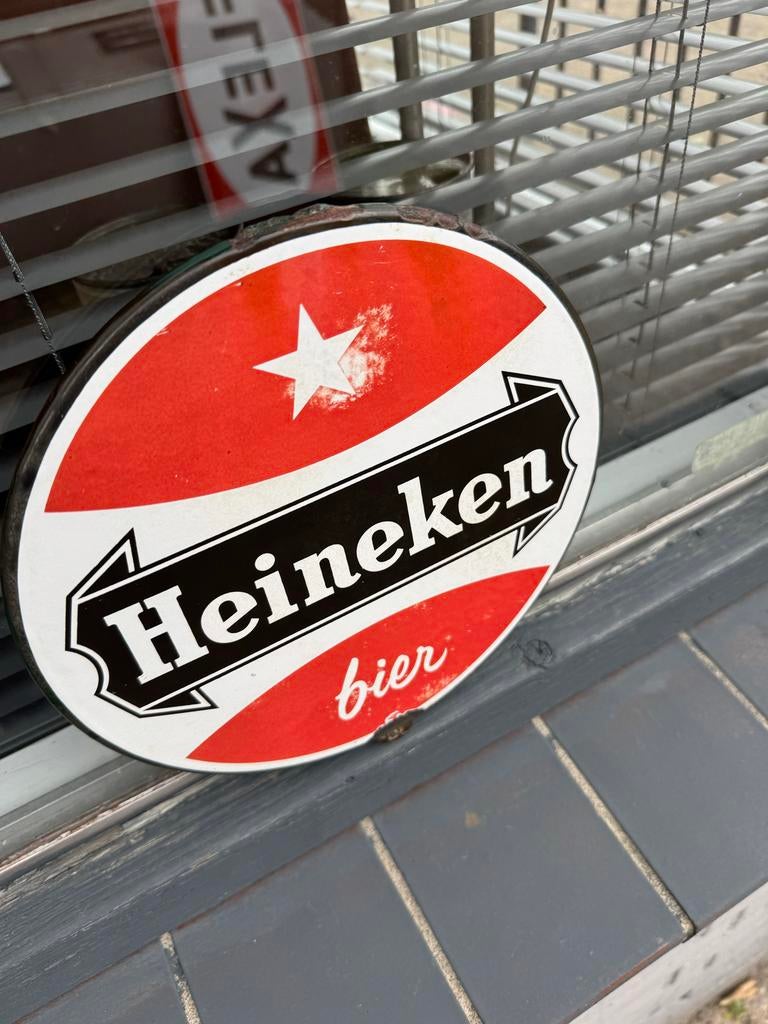 Vintage Heineken bier reclamebord - Emaille, Verzamelen, Ophalen of Verzenden, Gebruikt, Reclamebord, Plaat of Schild, Heineken