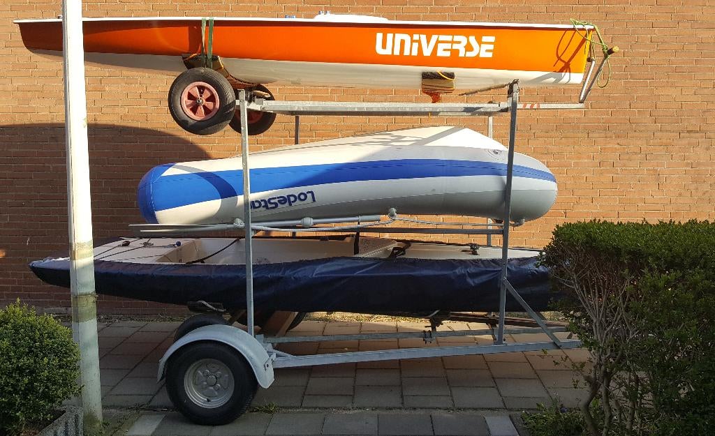Boottrailer 3-voudig Splash, Laser, Ilca & Optimist, Watersport en Boten, Ophalen, Minder dan 1500 kg, Gebruikt, Open zeilboottrailer