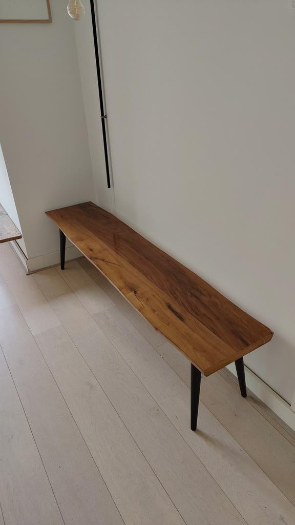 Eettafelbank hout met metale zwarte poten, Huis en Inrichting, Stoelen, Ophalen of Verzenden, Bruin, Hout
