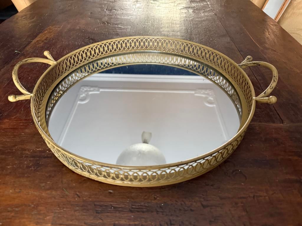 Vintage spiegel dienblad messingkleurig rond 38 cm, Huis en Inrichting, Ophalen, Gebruikt, Rond, Overige materialen