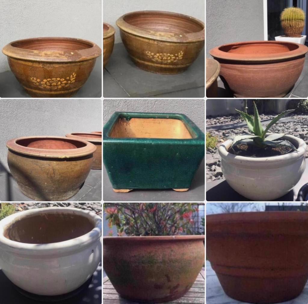 Diverse oude terracotta bloempotten en schalen, 40 cm of meer, Ophalen of Verzenden, Zo goed als nieuw, Minder dan 40 cm