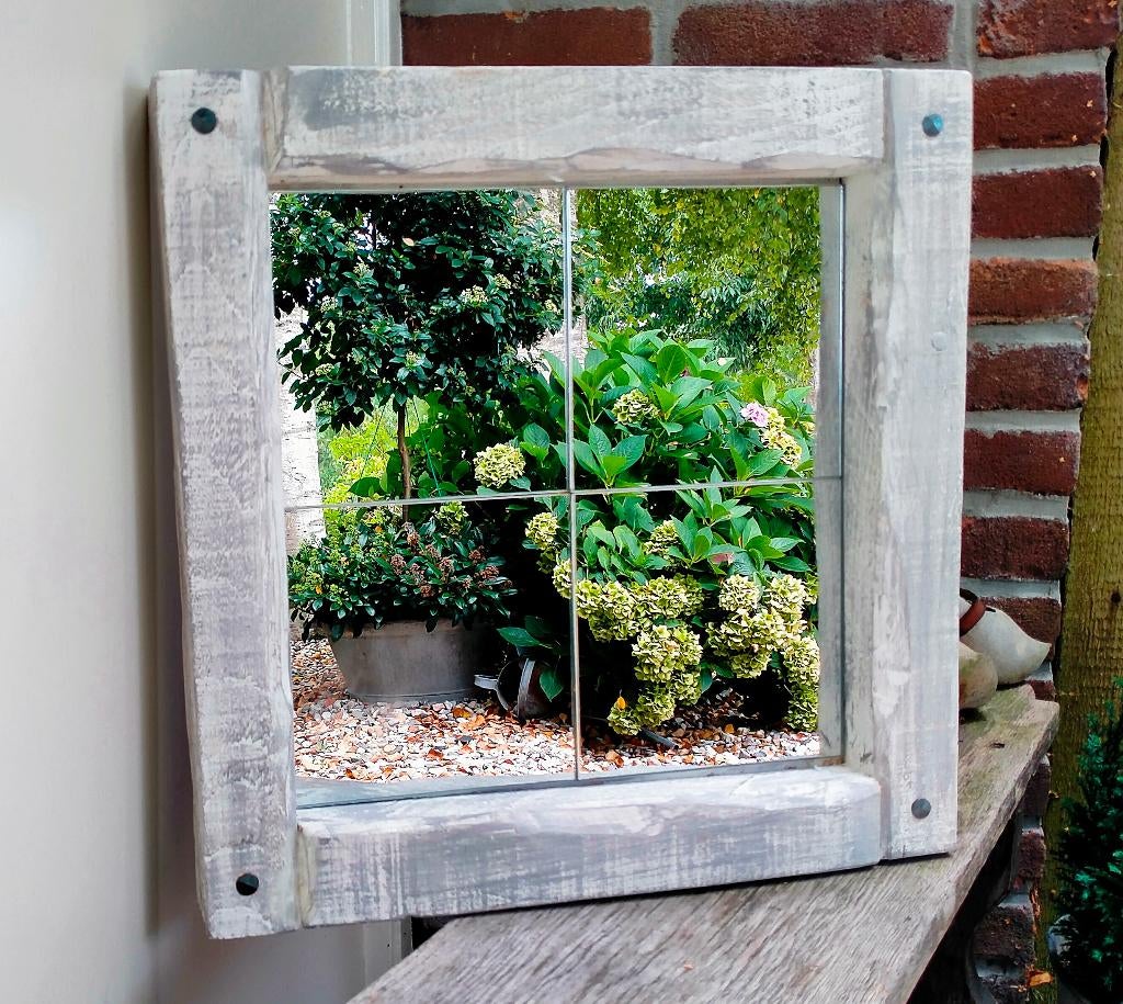 Brocante Houten Tuin Spiegel / Tuinspiegel - Als Nieuw, Ophalen of Verzenden