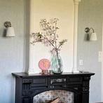 2 Chroom wandlampen met witte plissé kapjes, Huis en Inrichting, Lampen | Wandlampen, Ophalen, Gebruikt, Stof, Modern, Klassiek