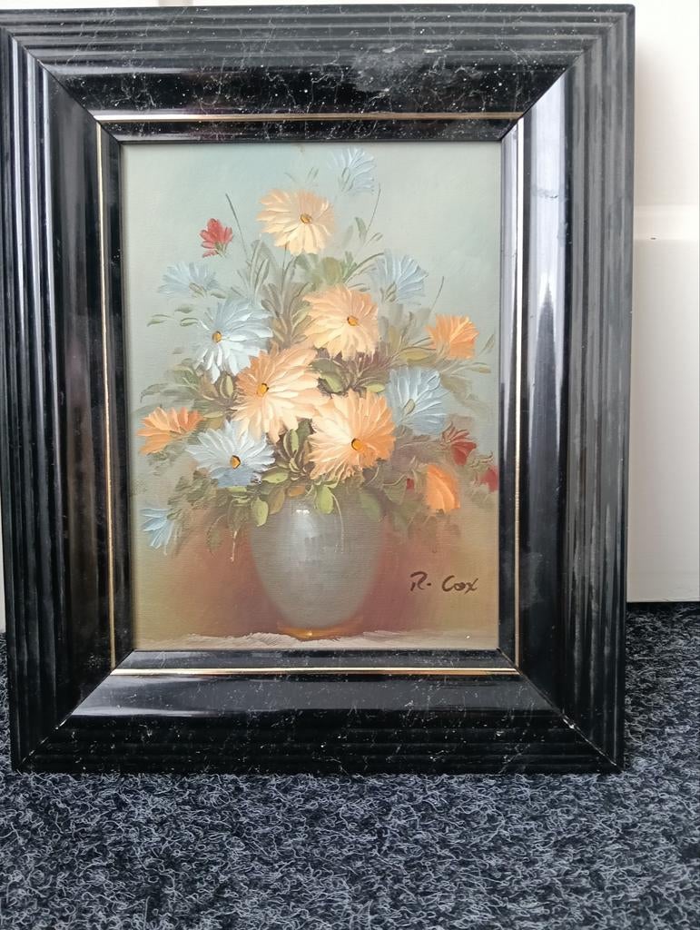 Schilderij met bloemen in vaas, gesigneerd R. Cox, Ophalen
