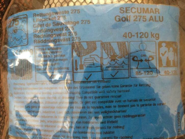 Reddingsvest Secumar Golf 275N Alu uitvoering gebruikt, Watersport en Boten, Watersportkleding, Niet ingevuld, Gebruikt, Niet ingevuld