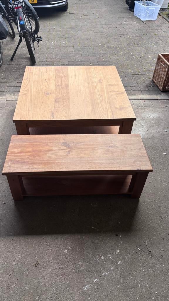 Set van twee teak tafels. 90x90 & 90x35, Ophalen, Vierkant, 50 tot 100 cm, Zo goed als nieuw
