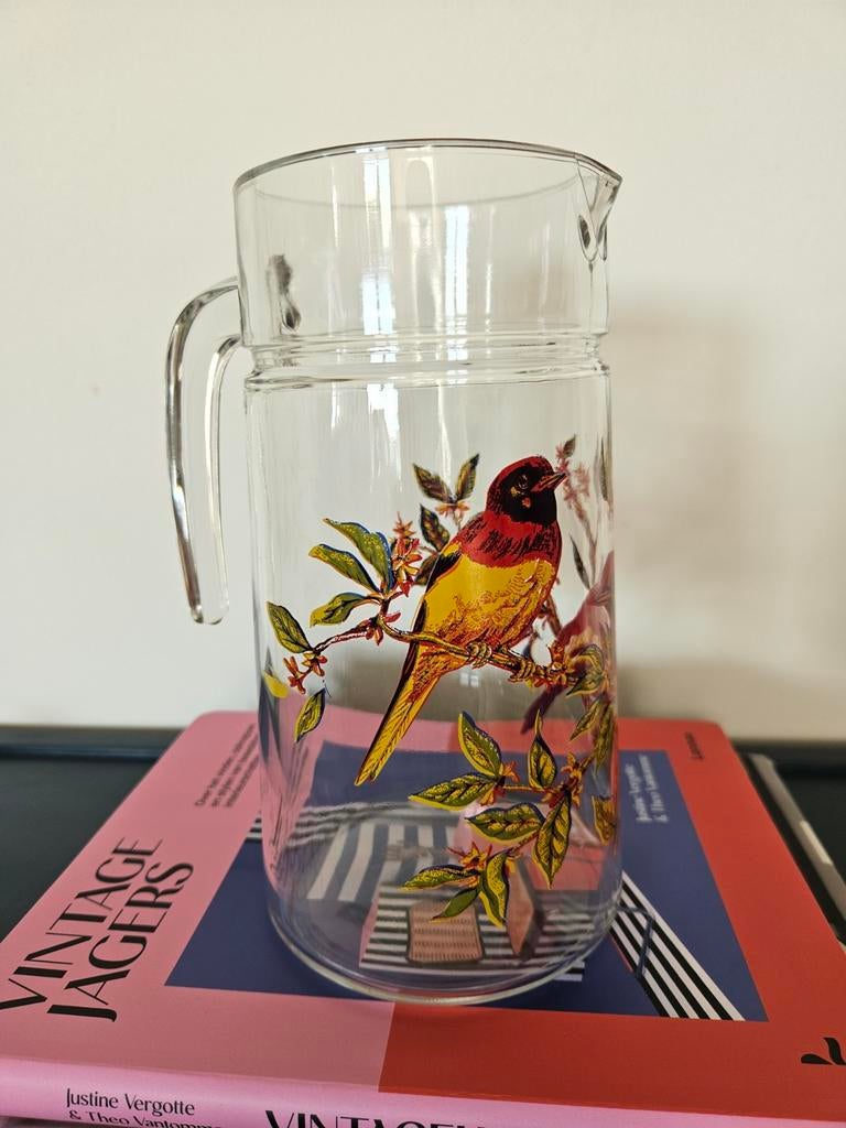 Vintage Luminarc karaf met vogels – jaren 70 – France retro, Ophalen of Verzenden, Zo goed als nieuw, Overige typen