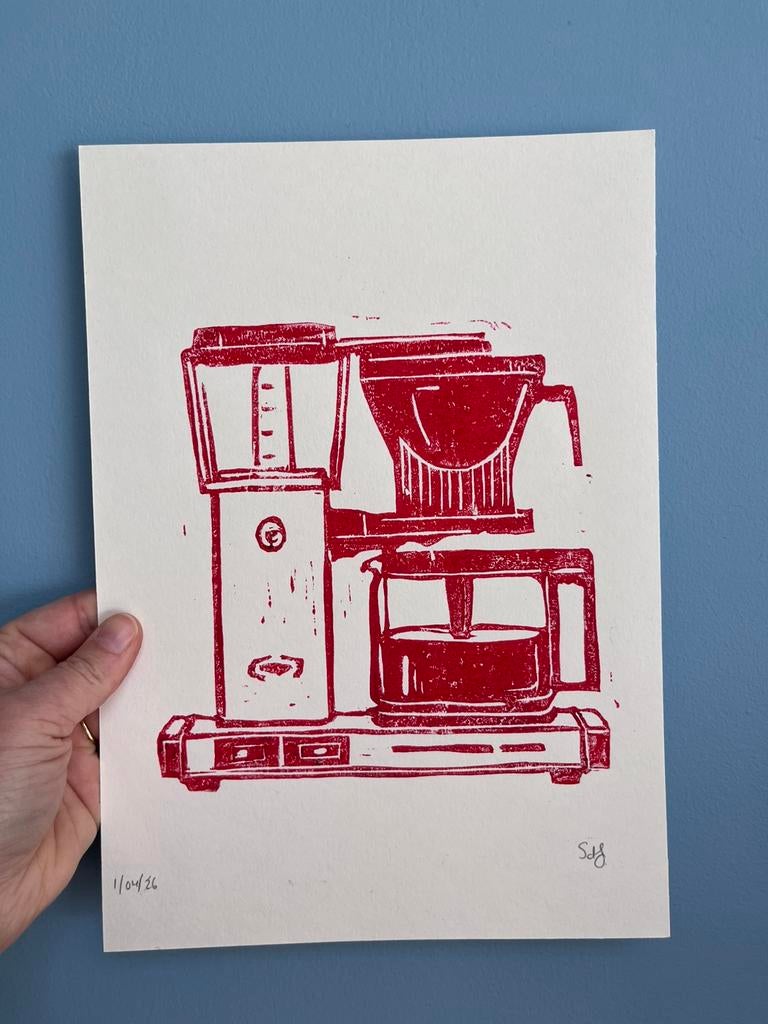 Linosnede afdruk Moccamaster 21x29 cm, Antiek en Kunst, Ophalen of Verzenden