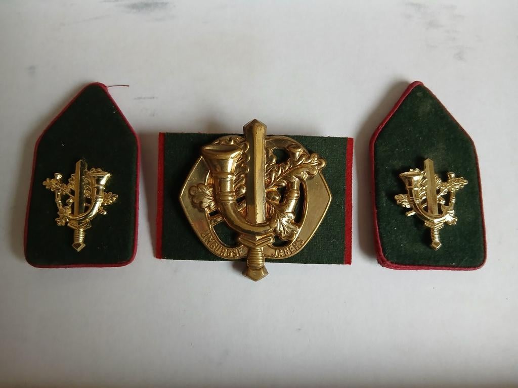 Kraagspiegels en baretembleem  : Limburgse Jagers, Verzamelen, Ophalen of Verzenden, Landmacht, Nederland, Embleem of Badge