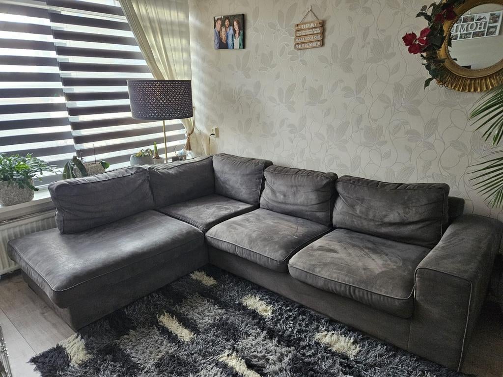 Antraciet velvet hoekbank met koloniale poten, Huis en Inrichting, Banken | Bankstellen, Koloniaal, Modern, 250 tot 300 cm, Gebruikt