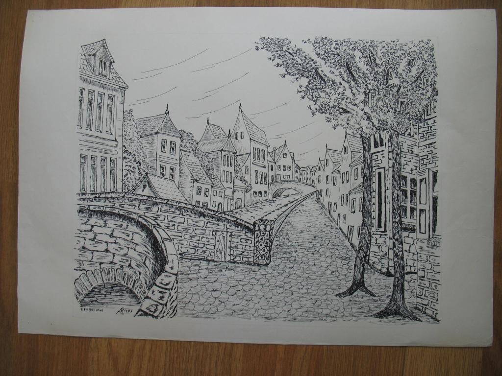 Tekening Grote Prent Zwart Tinten *Brugge België 1984, Ophalen of Verzenden