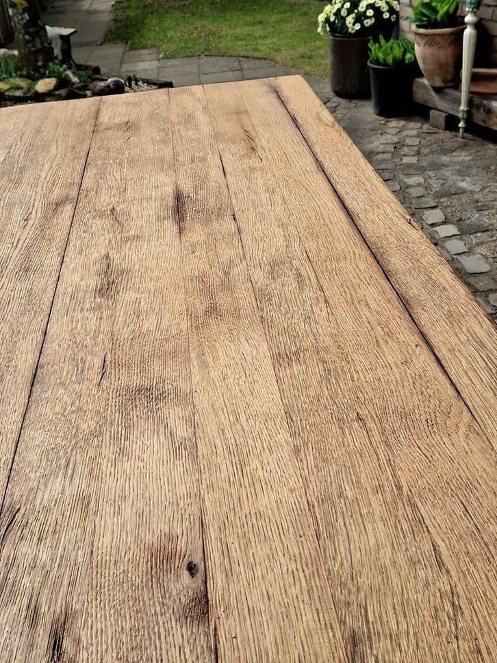 Kloostertafel Eettafel eiken. 210x82.5x75.5 h., Landelijk sober stoer sober buitenkeuken-tafel, Eikenhout, 200 cm of meer, Zo goed als nieuw
