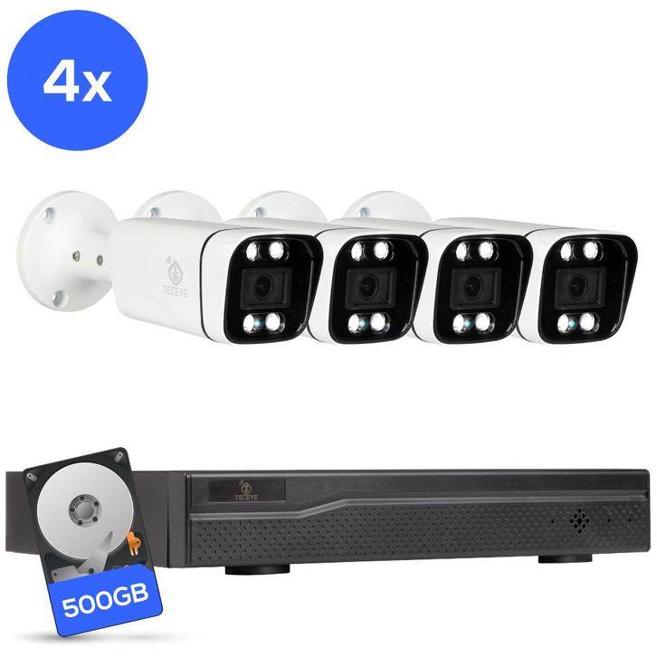 Teceye PoE cameraset 4 stuks met 500GB recorder Wit CCTV, Audio, Tv en Foto, Videobewaking, Nieuw, Buitencamera, Ophalen of Verzenden