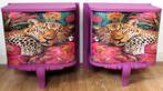 2 Roze nachtkastjes "Slapende panter", cheetah, eclectisch, Minder dan 45 cm, Zo goed als nieuw, Hout, 55 tot 70 cm
