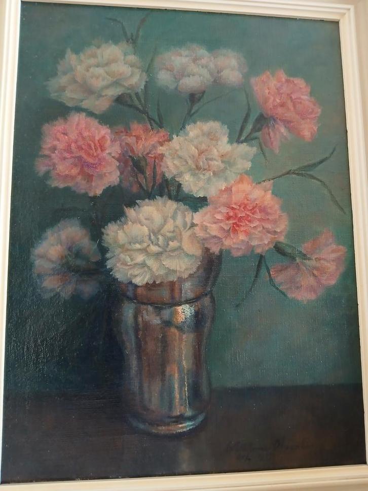 Vaas met anjers. Schilderij op doek. Gesigneerd naam+1933, Antiek en Kunst, Kunst | Schilderijen | Klassiek, Ophalen of Verzenden