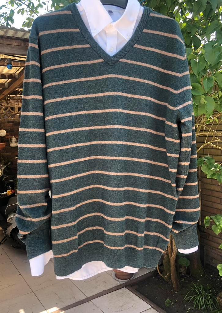 Mooie groen/Camel gestreepte 80% wollen trui mt L ZGAN, Kleding | Heren, Truien en Vesten, Zo goed als nieuw, Maat 52/54 (L), Groen