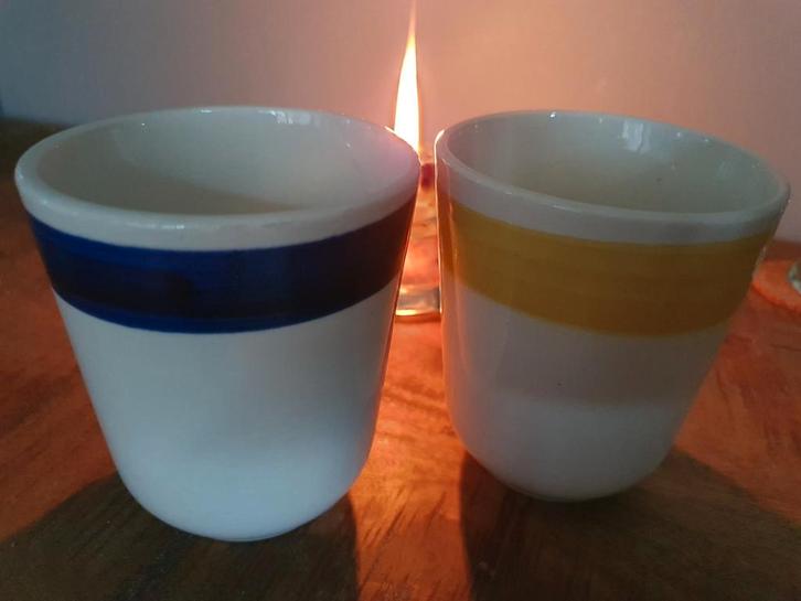 Vintage Melkbekers jaren '60 - Blauw & Geel, Antiek en Kunst, Curiosa en Brocante, Ophalen of Verzenden