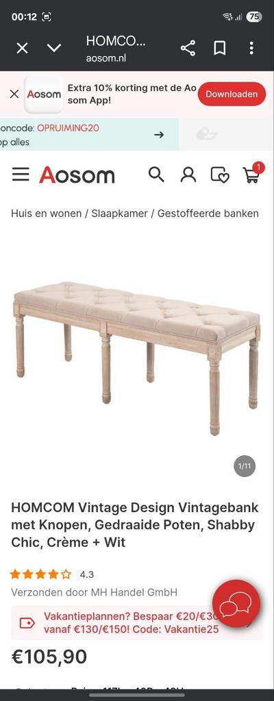 Vintage Bank Crème met Gedraaide Poten, Huis en Inrichting, Banken | Voetenbanken en Poefen, Nieuw, Minder dan 50 cm, 100 tot 125 cm