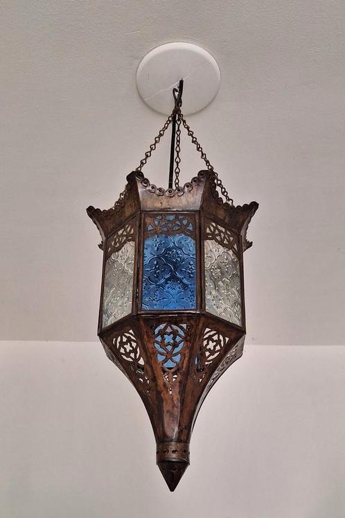 Oosterse Hanglamp met blauw en wit glas, Huis en Inrichting, Lampen | Hanglampen, Gebruikt, Minder dan 50 cm, Glas, Ophalen of Verzenden
