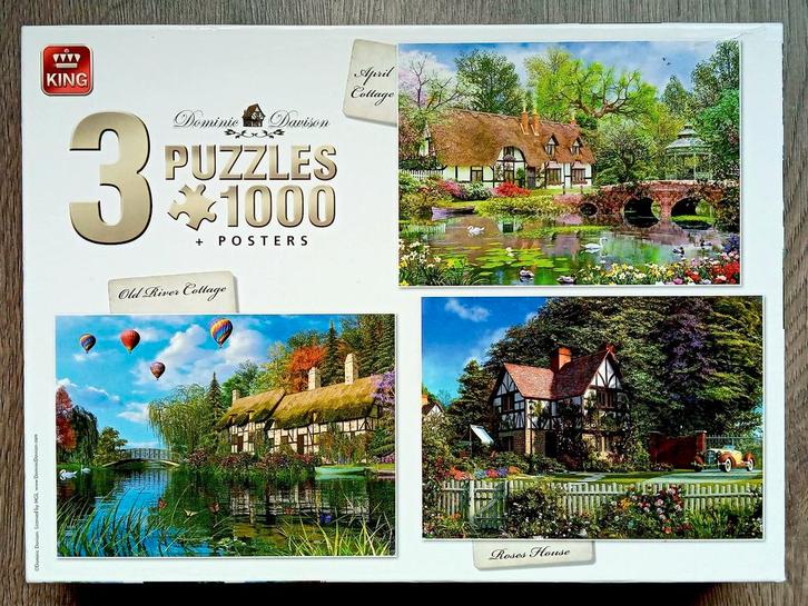 King 3-in-1 puzzel Cottages 3x1000 compleet, Hobby en Vrije tijd, Denksport en Puzzels, Gebruikt, 500 t/m 1500 stukjes, Ophalen of Verzenden