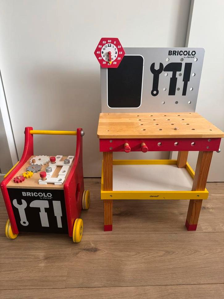 Janod Werkbankje en loopkar, Kinderen en Baby's, Speelgoed | Houten speelgoed, Gebruikt, Ophalen of Verzenden