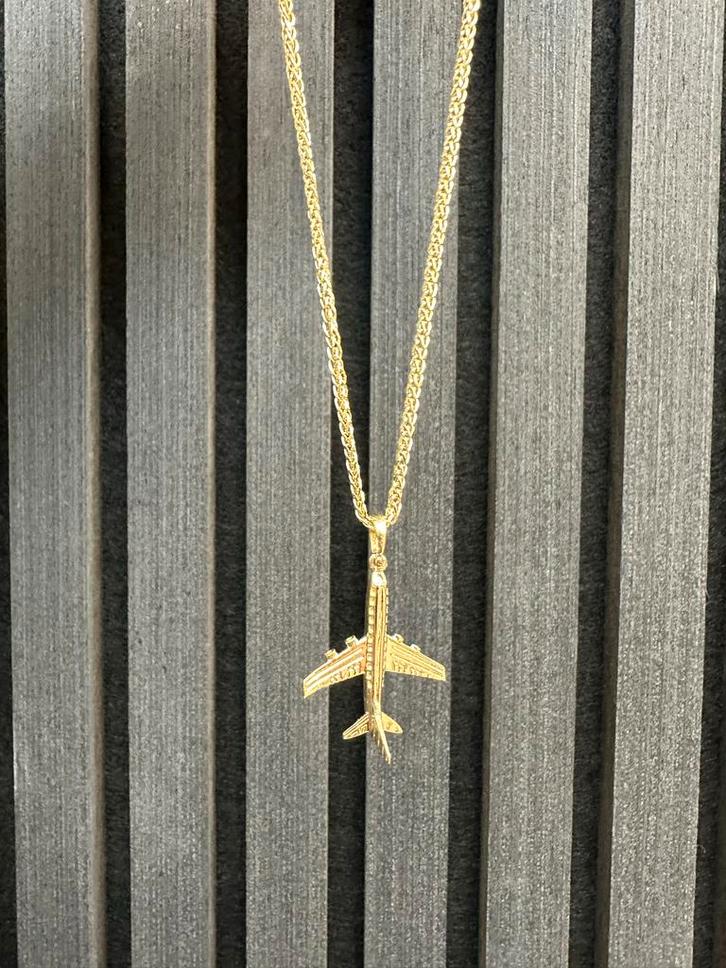 14k Gouden Vossenstaart Ketting met Vliegtuig, Sieraden, Tassen en Uiterlijk, Kettinghangers, Nieuw, Goud, Overige voorstellingen