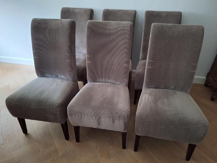 6 hoge eetkamerstoelen ribstof taupe, Huis en Inrichting, Stoelen, Gebruikt, Vijf, Zes of meer stoelen, Hout, Stof, Bruin, Ophalen