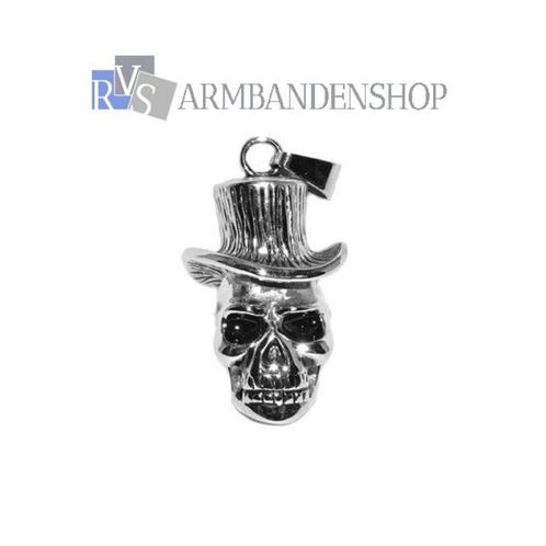 Rvs skull hanger met hoed doodskop doodshoofd zilver staal, Sieraden, Tassen en Uiterlijk, Kettinghangers, Nieuw, Overige materialen