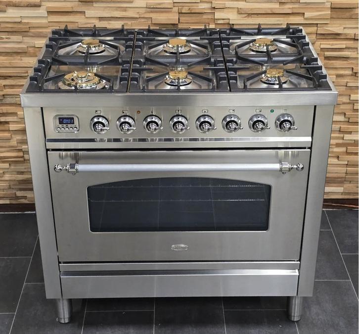 Luxe Fornuis Boretti 90cm rvs + rvs 6 pits 1 oven, Witgoed en Apparatuur, Fornuizen, Zo goed als nieuw, Vrijstaand, Gas, 5 kookzones of meer