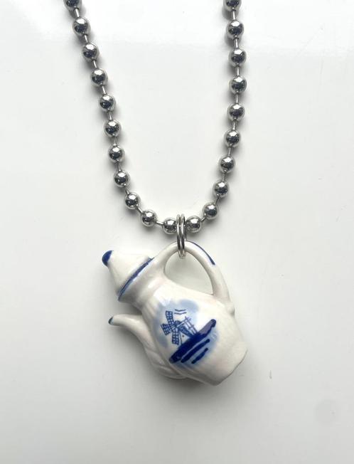 Ballchain ketting met vintage Delfts Blauw koffiekannetje, Sieraden, Tassen en Uiterlijk, Kettingen, Nieuw, Overige materialen