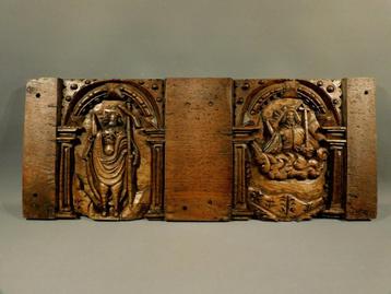 Antiek eiken religieus paneel houtsnijwerk 17e eeuw beschikbaar voor biedingen