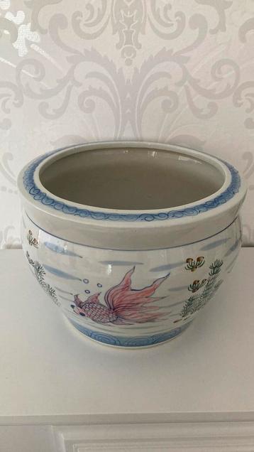 Vintage - Chinese bloempot - blauw wit - vis - beschikbaar voor biedingen
