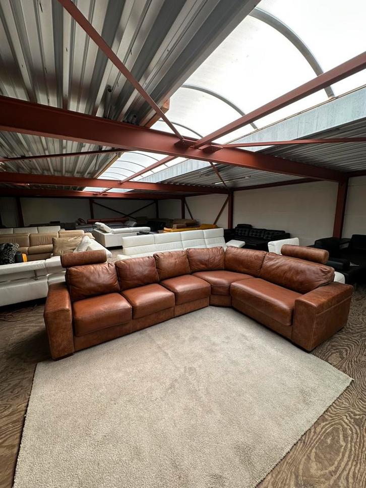 Cognac kleur leren hoekbank bankstel bank Z.G.A.N., Huis en Inrichting, Fauteuils, Zo goed als nieuw, Leer, 125 cm of meer, 75 tot 100 cm