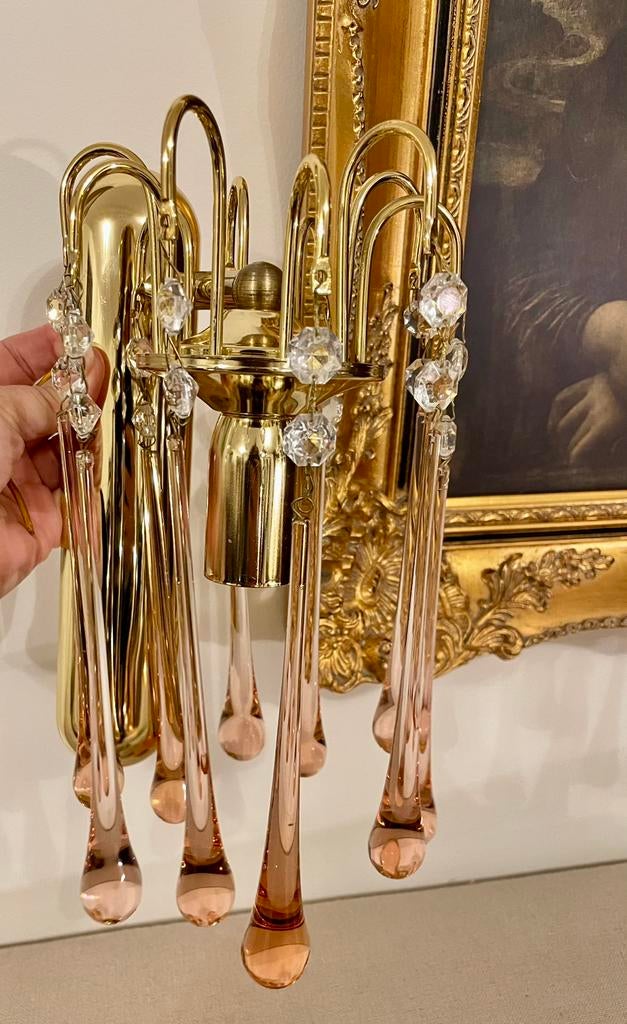 Waterval messing goud verguld wandlamp Roze Murano peegels, Ophalen, Zo goed als nieuw, Glas, Hollywood Regency, jaren 70, 80, 90