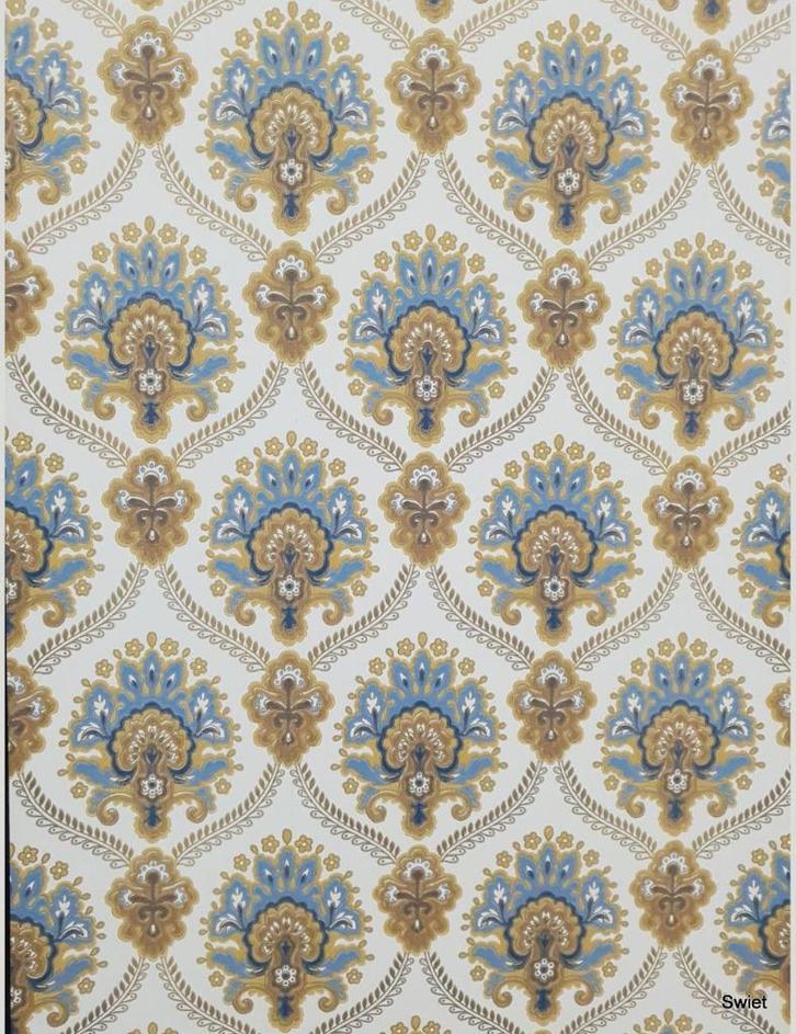 13997 behang barok blauw patroon retro bold design 70s swiet, Huis en Inrichting, Stoffering | Behang, Bruin, minder dan 10 m²