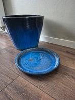 Blauw geglazuurde keramische bloempot., Tuin en Terras, Bloempotten, 25 tot 40 cm, Rond, Ophalen of Verzenden, Zo goed als nieuw