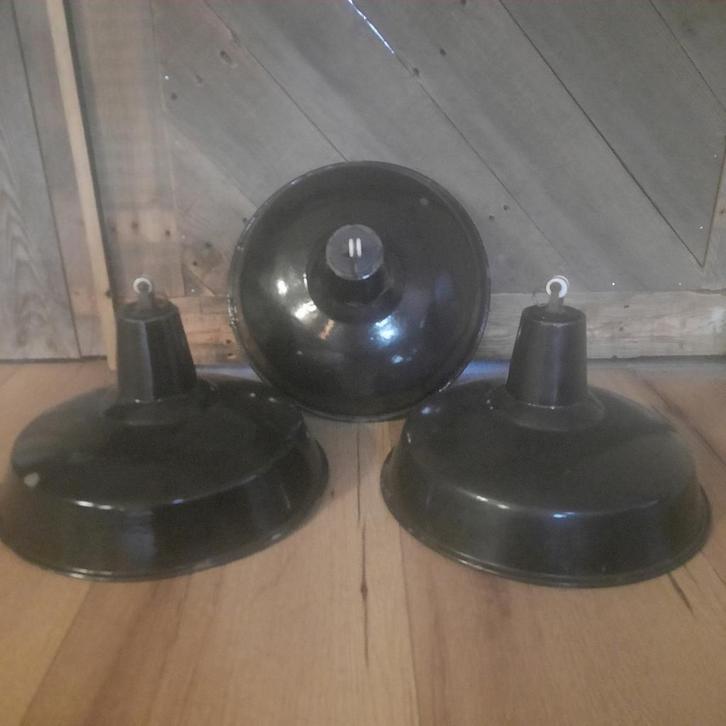 Zwarte Emaille Fabriekslampen - Industrieel, Huis en Inrichting, Lampen | Hanglampen, Gebruikt, Minder dan 50 cm, Ophalen of Verzenden