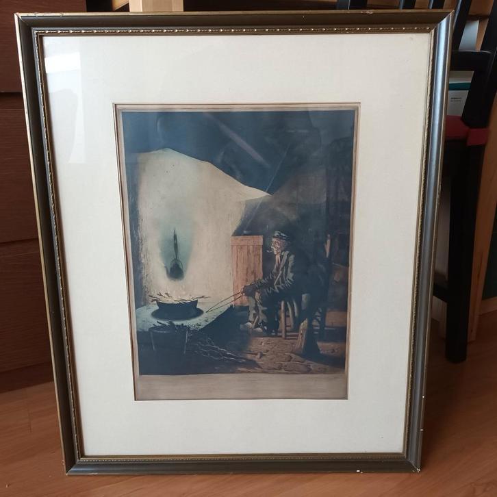 Tjeerd Bottema, kleuren ets, Bij den haard, gesigneerd r.o., Antiek en Kunst, Kunst | Etsen en Gravures, Ophalen of Verzenden