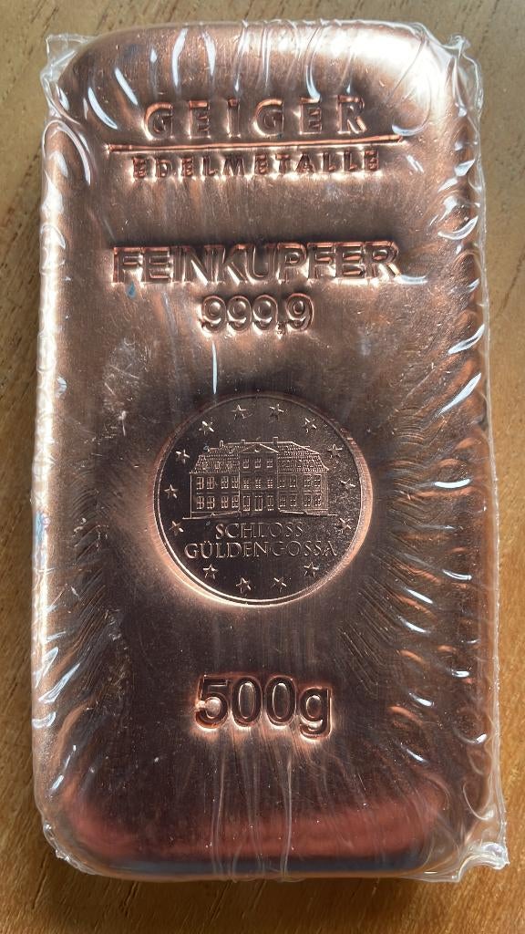 koperbaar 500 gram geiger, Postzegels en Munten, Edelmetalen en Baren, Ophalen, Koper