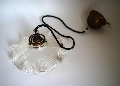 vintage antiek holophane hanglamp glas ribbel stof snoer rok, Huis en Inrichting, Lampen | Hanglampen, Gebruikt, 75 cm of meer