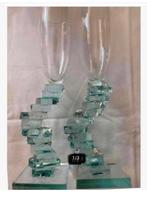 SALE 2 Champagne glazen met voet schijfjes groen glas bijz., Ophalen of Verzenden