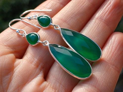 Vanoli 925 zilveren design oorbellen met groene agaat, Sieraden, Tassen en Uiterlijk, Oorbellen, Nieuw, Hangers, Zilver, Groen