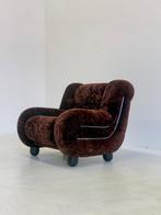 Vintage Italiaanse fauteuil in donkerbruin Velours, Huis en Inrichting, Fauteuils, Ophalen, Metaal, Mid century, -