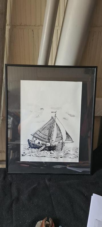 Schilderij tekening boot zeilboot zwart fotolijst beschikbaar voor biedingen