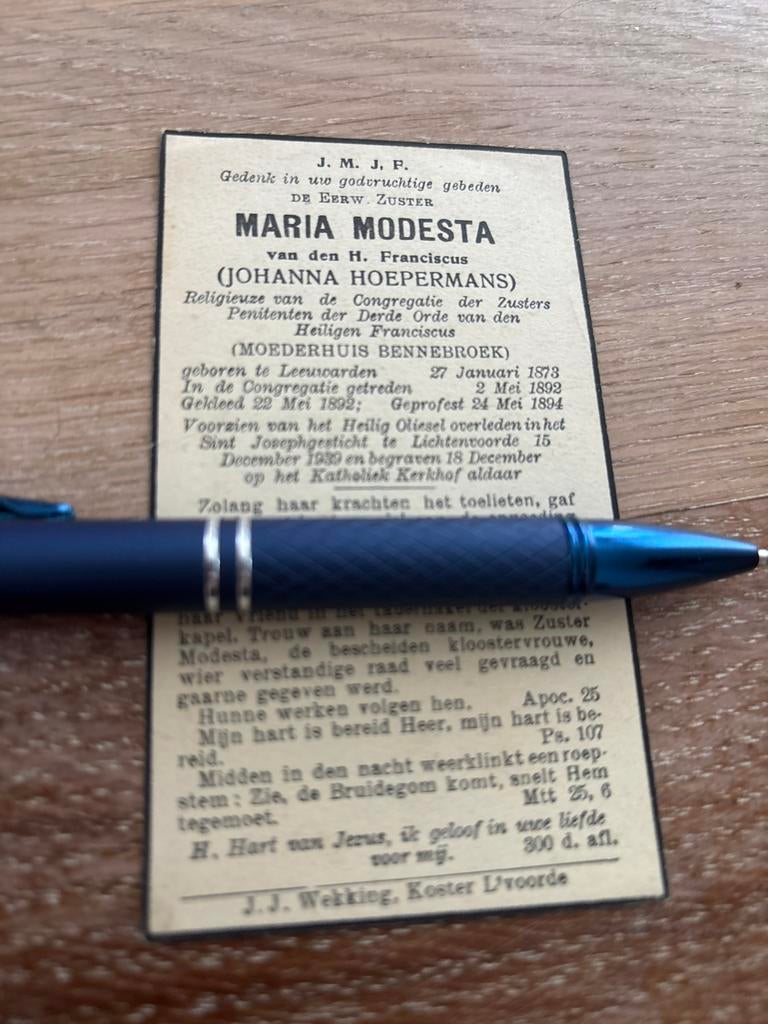 Hoepermans Johanna Leeuwarden 1939 Lichtenvoorde zr Modesta, Ophalen of Verzenden, Bidprentje