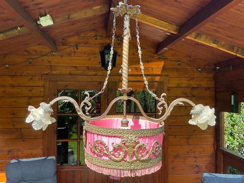 Prachtige antieke bronzen hanglamp met zijden oud roze korf, Antiek en Kunst, Antiek | Lampen, Ophalen